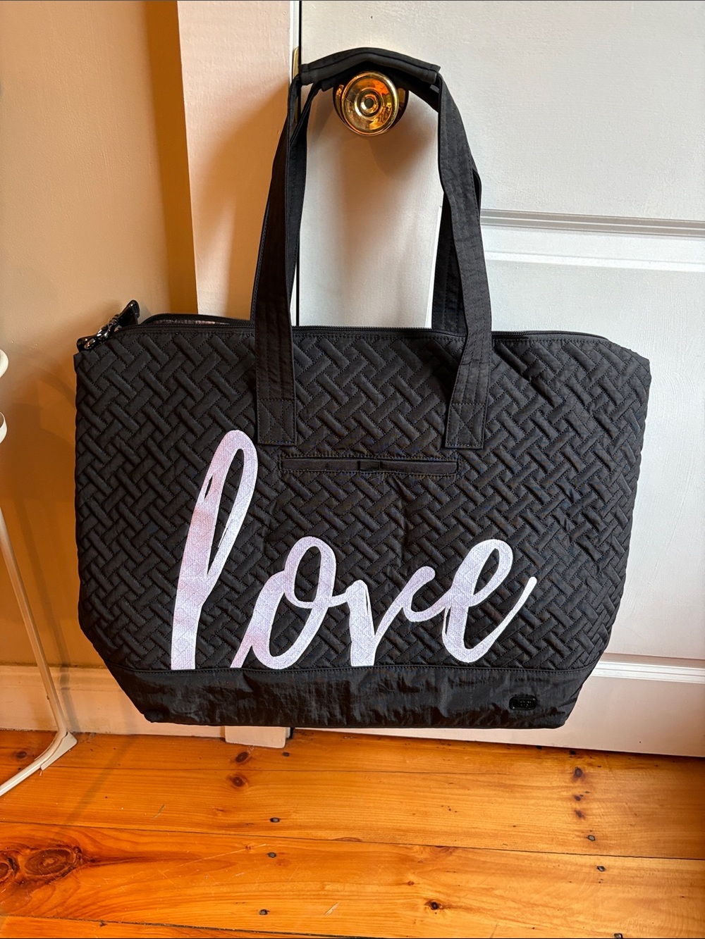 lug Quilted Tote Bag with 'Love' Script - Black with Iridescent White Script